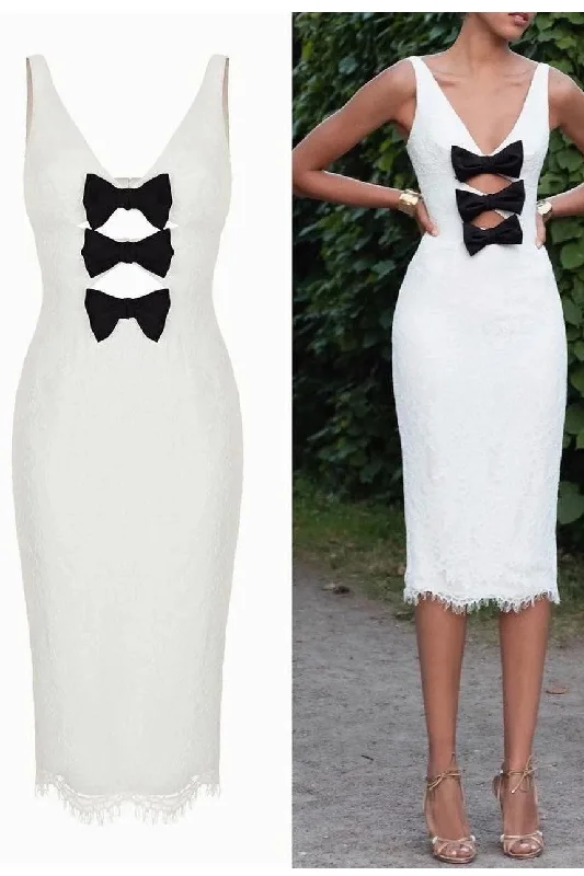 A perfect wardrobe for fashionable women White Lace Short Prom Gown with Black Bows A perfect wardrobe for fashionable women White Lace Short Prom Gown with Black Bows
