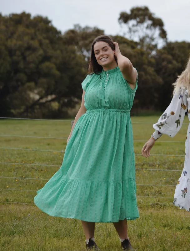 Cozy women’s clothing for the colder months   100% RECYCLED COTTON - ISABEL DRESS JADE GREEN COTTON LACE