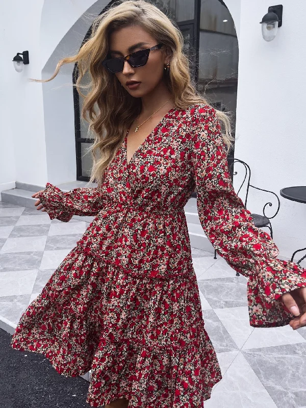 Women’s clothing that combines comfort and style   KittenAlarm - V-neck red floral mid-length casual long-sleeved dress