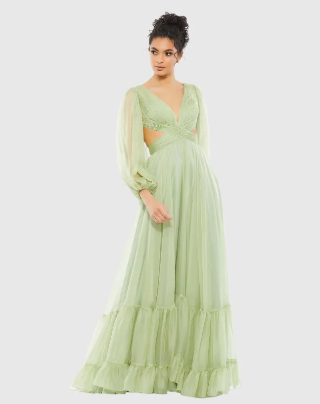 Trendy women’s clothing    Pleated Cut Out Long Sleeve Lace Up Tiered Gown