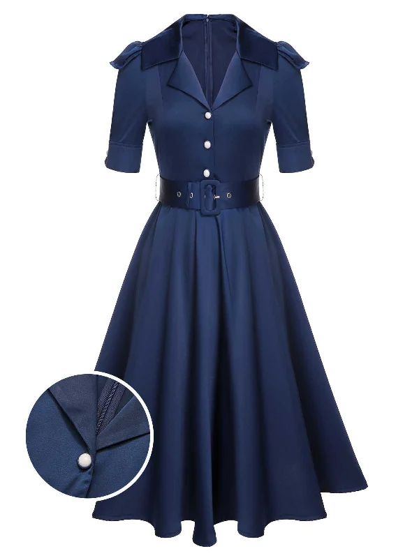 Look and feel your best in our women’s wear   Blue 1940s Solid Short Sleeves Lapel Dress