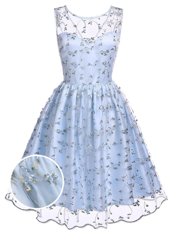 Versatile fashion options for every occasion   Blue 1950s Floral Embroidery Lace Dress