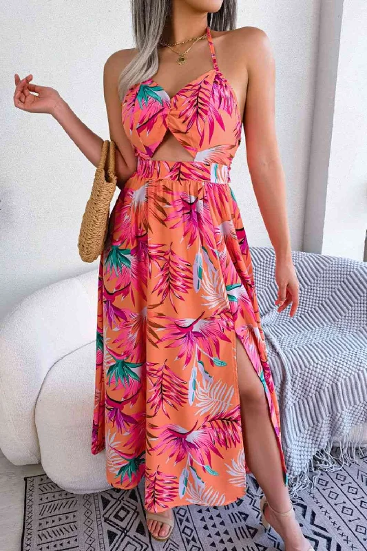 Refresh your closet with chic and comfy styles   Botanical Print Tied Backless Cutout Slit Dress