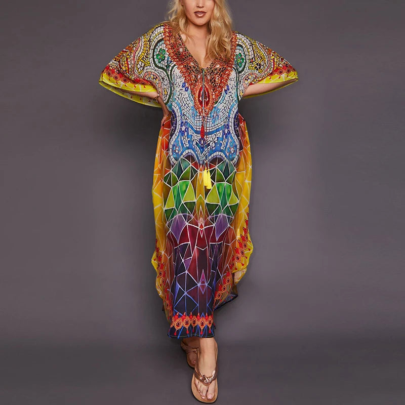 Sporty-chic women’s apparel for active lifestyles   FashionSierra-Bat Sleeve  Swim Bikini Cover Up  Women  Vintage  Floral Print  Beach  Oversize  Summer  Long  2024  Maxi  Robe Boho Dress