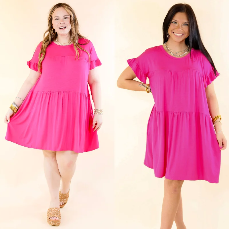 Sustainable fashion for stylish women   Gorgeous Girly Ruffle Sleeve Tiered Dress in Fuchsia Pink