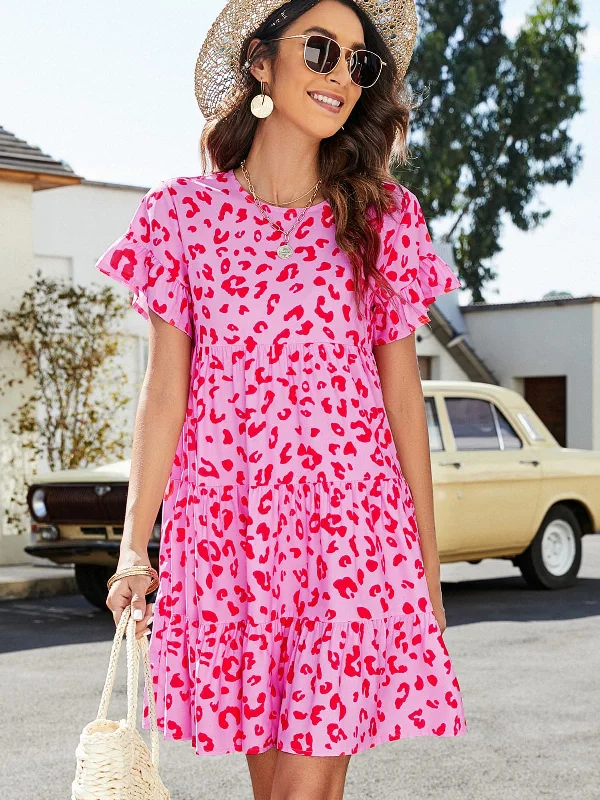 Fashionable, yet affordable women’s apparel   Leopard Short Flounce Sleeve Tiered Dress