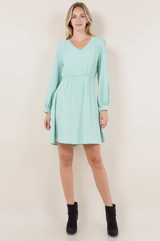 Cozy women’s clothing for the colder months   LS V NECK PLEATED WAIST ALINE DRESS - D3458-AFLW