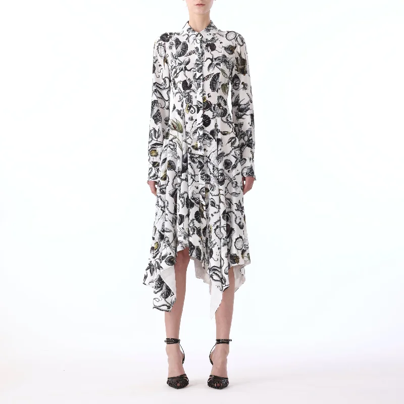 Luxurious fabrics and modern designs for women   MARINE PRINT ASYMMETRIC L/S SILK CDC DRESS
