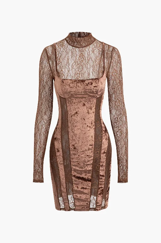 Effortlessly chic outfits for the modern woman Lace Panel Velvet Mock Neck Long Sleeve Mini Dress Effortlessly chic outfits for the modern woman Lace Panel Velvet Mock Neck Long Sleeve Mini Dress
