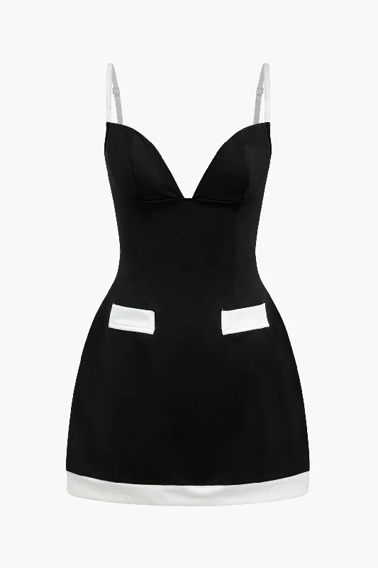 Affordable stylish women’s fashion collection Contrast Patchwork Slip Fake Pocket Mini Dress Affordable stylish women’s fashion collection Contrast Patchwork Slip Fake Pocket Mini Dress