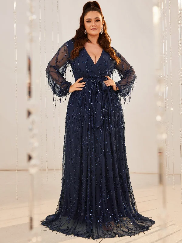 Elevate your look with premium women’s wear   NiDELL Large Size Navy Blue Dress Simple V-neck Tassel Sequin Lace-up Long Party Dress-Fp097