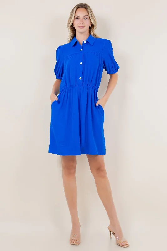 Bold, confident, and stylish women’s clothing   PUFF SS TIER BUTTON FRONT DRESS - D3532-AFLW-ROYAL