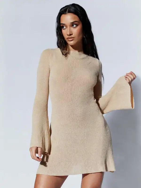 Chic, modern fashion for empowered women   Women’s bell sleeves backless striped slim knitted dress
