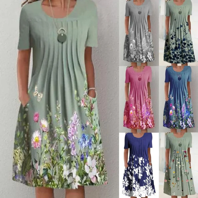 Trendy women’s clothing    Women's Floral Print Round Neck Pocket Mid-length Dresses