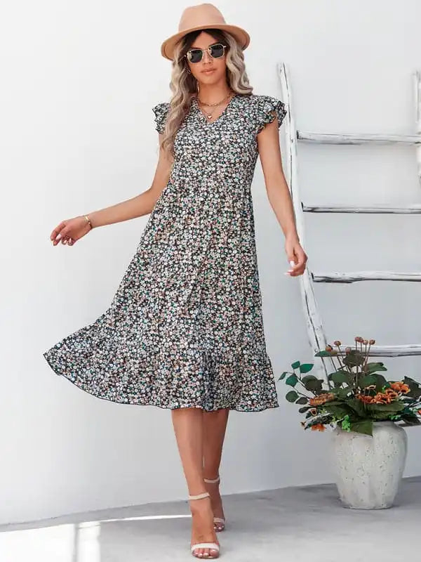 Curated collections of sophisticated women’s wear   Women’s V-neck flying sleeve floral dress long skirt
