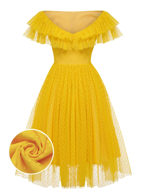 Designer-inspired women’s fashion at affordable prices   Yellow 1950s Dots Off-Shoulder Mesh Swing Dress