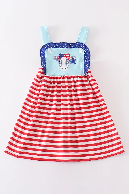 Timeless women’s fashion for any occasion   Blue patriotic cow applique strap dress