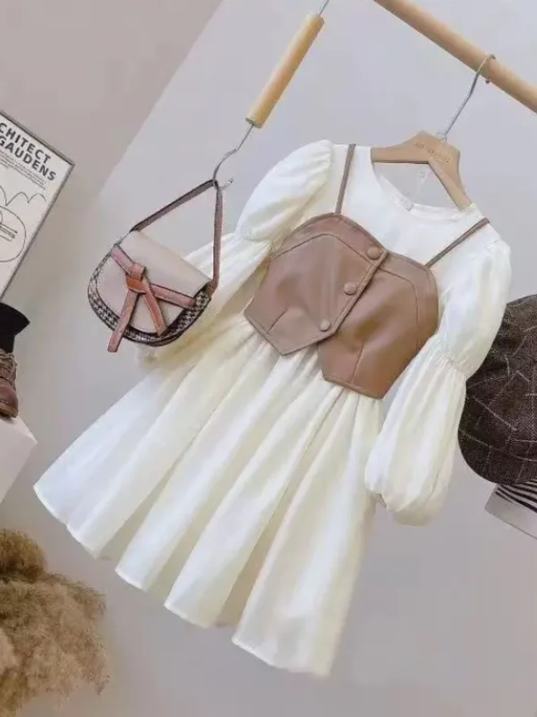 Elegant and comfortable women’s fashion wear Fashionable Faux Leather Vest and Puff Sleeve Dress Set Elegant and comfortable women’s fashion wear Fashionable Faux Leather Vest and Puff Sleeve Dress Set