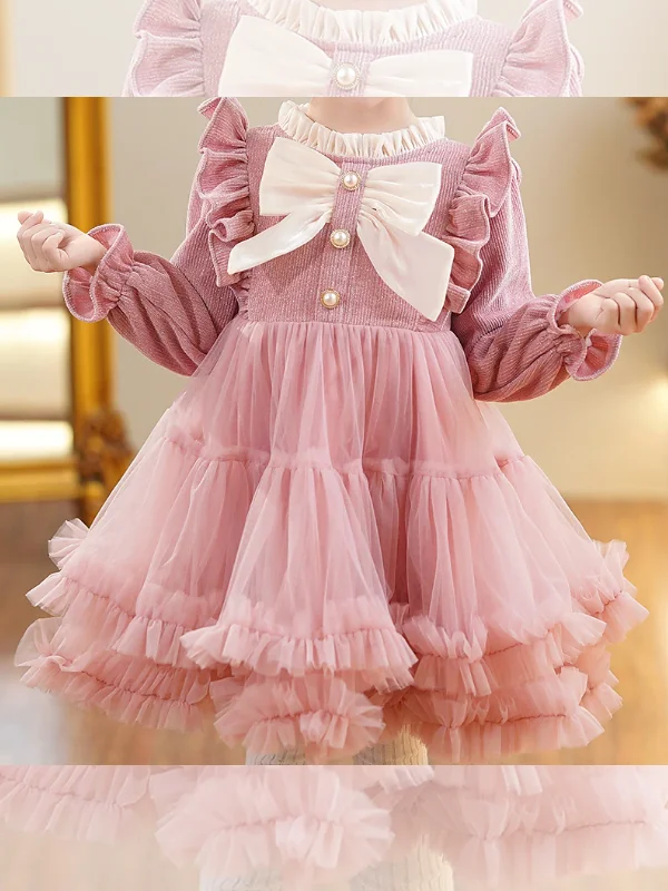 Luxurious fabrics and modern designs for women Girls Elegant Fluffy Mesh Dress with Ruffles and Bow Accents Luxurious fabrics and modern designs for women Girls Elegant Fluffy Mesh Dress with Ruffles and Bow Accents