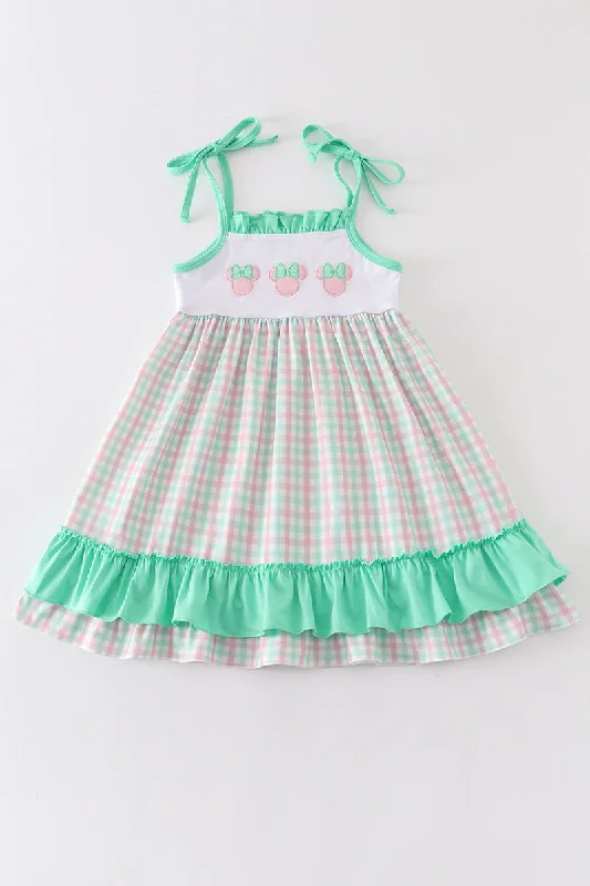Refresh your wardrobe with trendy women’s apparel Green character applique plaid ruffle dress Refresh your wardrobe with trendy women’s apparel Green character applique plaid ruffle dress