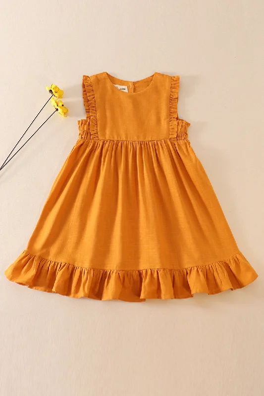 Chic and comfortable clothing for busy women   Mustard linen ruffle dress