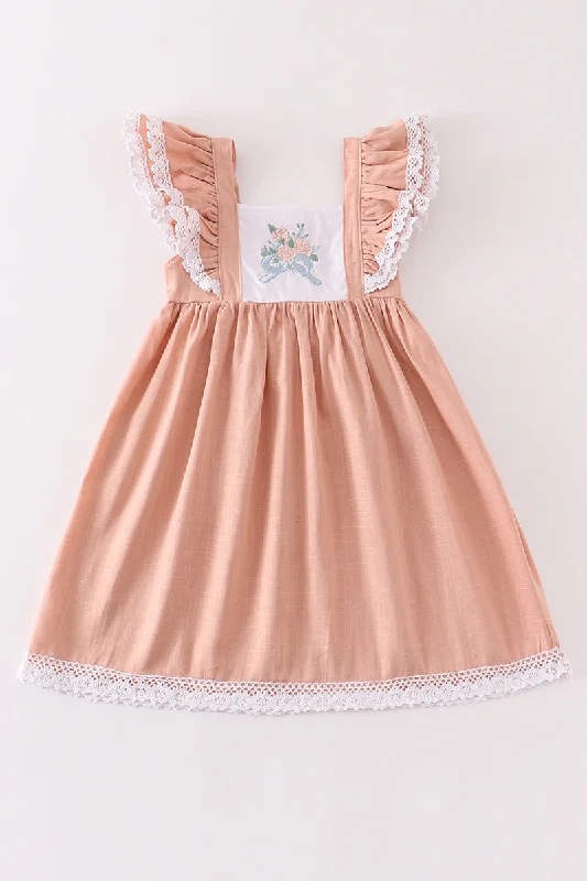Sustainable fashion for stylish women   Pink floral embroidery linen ruffle dress