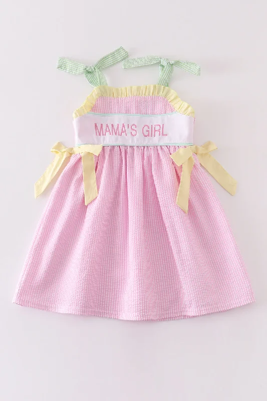Clothing that’s as bold as you are Pink seersucker mama's girl embroidery strap dress Clothing that’s as bold as you are Pink seersucker mama's girl embroidery strap dress