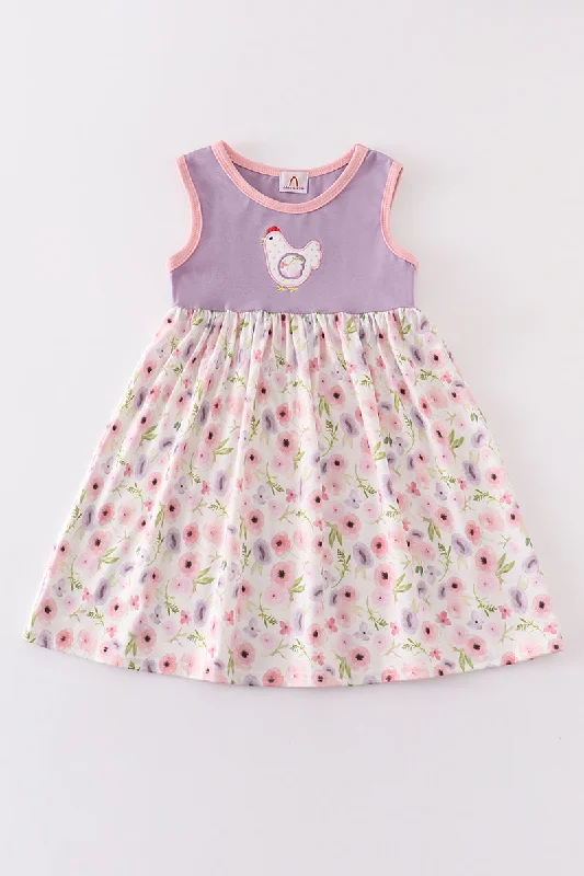 Sleek and sophisticated fashion for modern women Purple floral print chicken applique dress Sleek and sophisticated fashion for modern women Purple floral print chicken applique dress