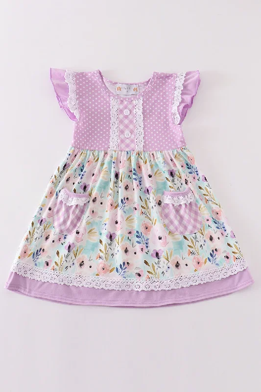 Iconic women’s outfits that never go out of style   Purple floral ruffle dress