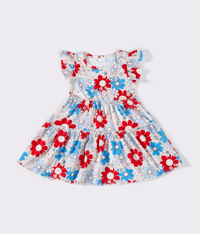 Sporty-chic women’s apparel for active lifestyles   Red & blue floral tiered ruffle dress