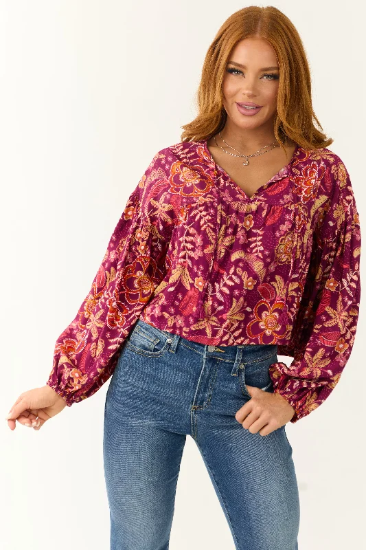 Effortlessly chic fashion for today’s woman Berry Floral Print Long Sleeve Front Tie Top Effortlessly chic fashion for today’s woman Berry Floral Print Long Sleeve Front Tie Top