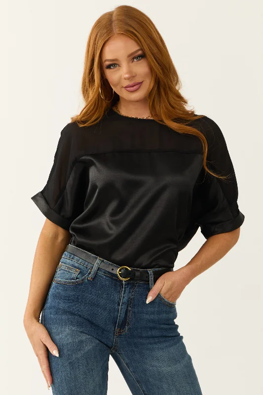 Comfortable yet stylish outfits for women on the go Black Contrast Yoke Cuffed Sleeve Satin Blouse Comfortable yet stylish outfits for women on the go Black Contrast Yoke Cuffed Sleeve Satin Blouse