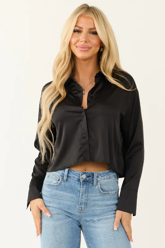 Fashion-forward women’s clothing on a budget   Black Satin Long Sleeve Button Down Top