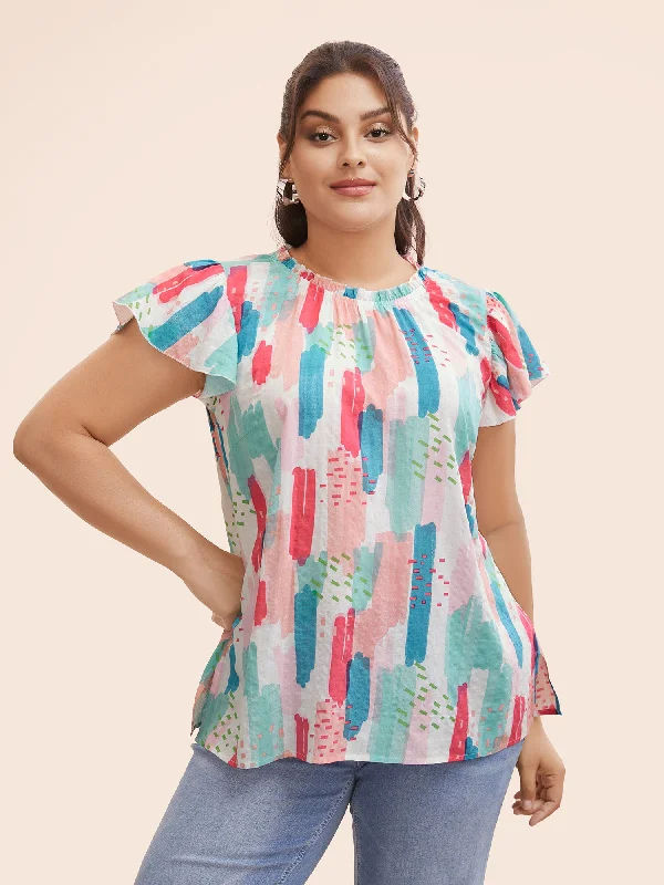 Refresh your closet with chic and comfy styles Brush Print Split Side Cap Sleeve Blouse Refresh your closet with chic and comfy styles Brush Print Split Side Cap Sleeve Blouse