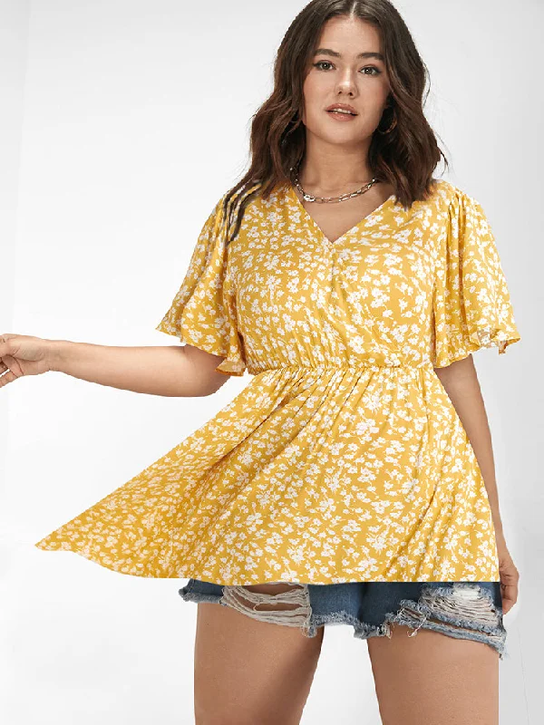 Elegant evening wear for special events Floral Flutter Sleeve Elastic Waist Blouse Elegant evening wear for special events Floral Flutter Sleeve Elastic Waist Blouse