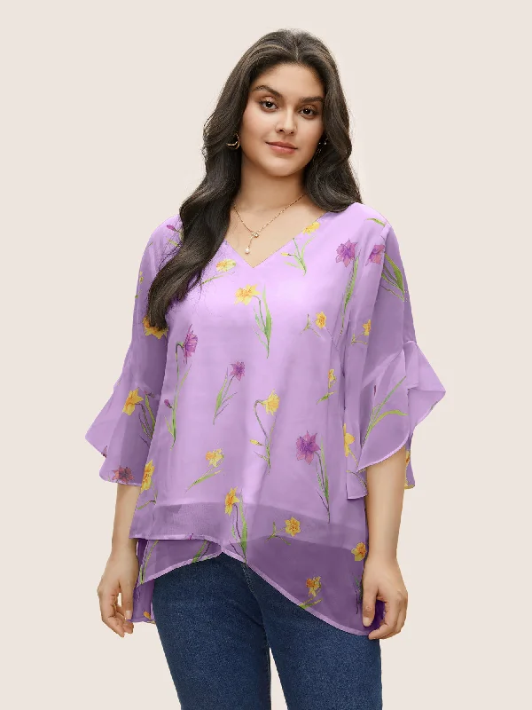 Sporty-chic women’s apparel for active lifestyles Floral Tiered Mesh Asymmetrical Hem Blouse Sporty-chic women’s apparel for active lifestyles Floral Tiered Mesh Asymmetrical Hem Blouse