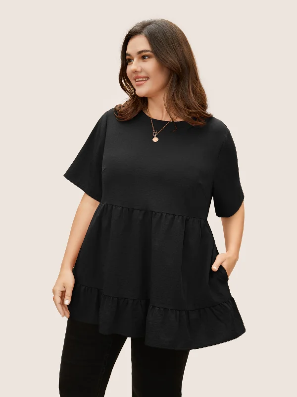 Statement pieces for the confident woman   Solid Crew Neck Ruffle Hem Blouse