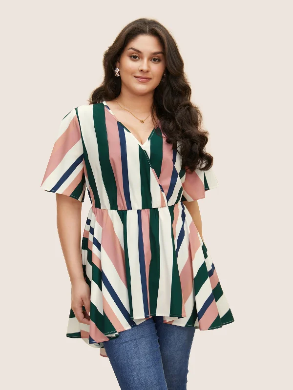 Refresh your closet with chic and comfy styles Striped Contrast Wrap Ruffles High Low Hem Blouse Refresh your closet with chic and comfy styles Striped Contrast Wrap Ruffles High Low Hem Blouse