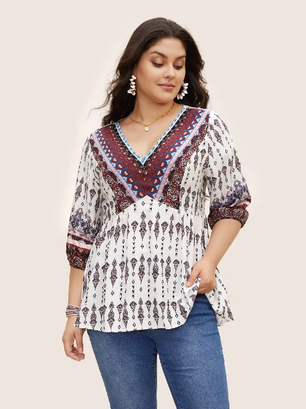 Express your style with fashionable women’s clothing   V Neck Boho Print Lantern Sleeve Blouse