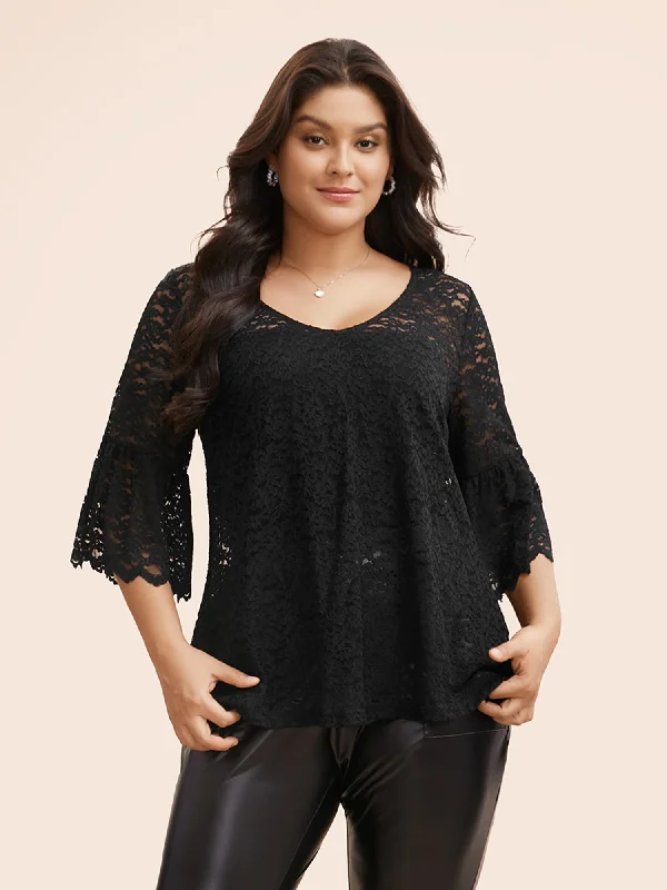 Trendy women’s clothing that suits every taste   Stretch Lace Mesh Ruffle Trim Blouse