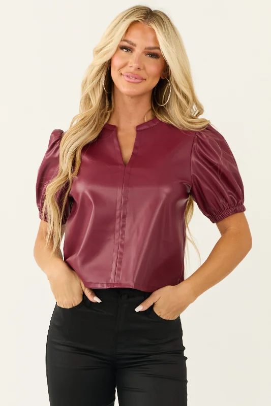 Dress to impress with elegant women’s wear   Wine Faux Leather Puff Sleeve Top