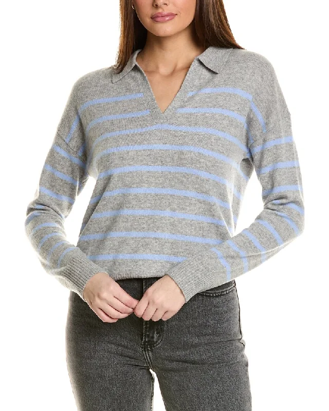 Chic for every occasion and style   Amicale Cashmere Striped V-Neck Johnny Collar Cashmere Sweater