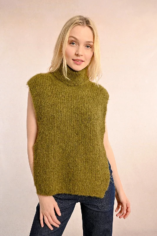 Feminine and fashionable clothing for every wardrobe   Molly Bracken Sleeveless Openwork Turtle Neck Khaki Sweater
