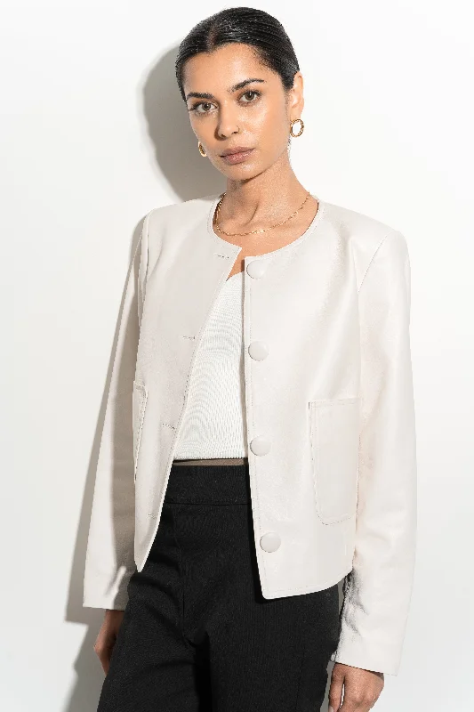 Timeless women’s fashion for any occasion   Luxy Collarless Leather Blazer- Ecru