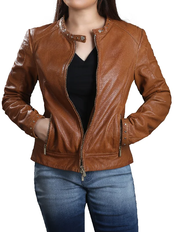 Versatile outfits to transition from day to night   Ofeliya Tan Brown Perforated Leather Motorcycle Jacket