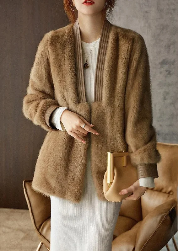 Modern fashion pieces designed for all women   Plus Size Beige V Neck Mink Hair Coat Long Sleeve