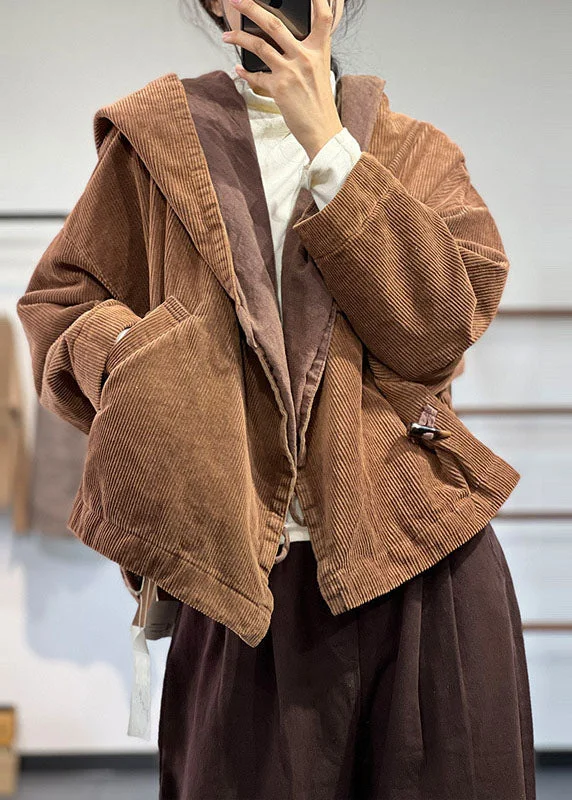Luxurious fabrics and modern designs for women   Plus Size Coffee Hooded Oversized Pockets Corduroy Coat Spring