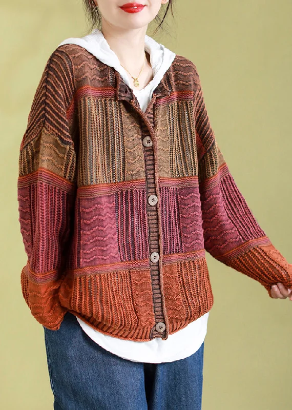 High-fashion styles at affordable prices   Plus Size Orange O Neck Button Patchwork Knit Cardigans Spring