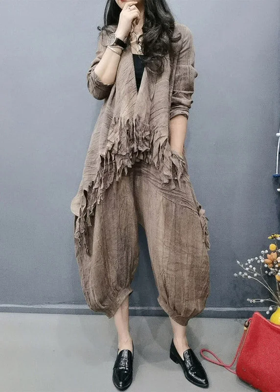Everyday essentials for a stylish wardrobe Retro Coffee V Neck Tasseled Wrinkled Linen Coats And Lantern Pants Two Pieces Set Spring Everyday essentials for a stylish wardrobe Retro Coffee V Neck Tasseled Wrinkled Linen Coats And Lantern Pants Two Pieces Set Spring