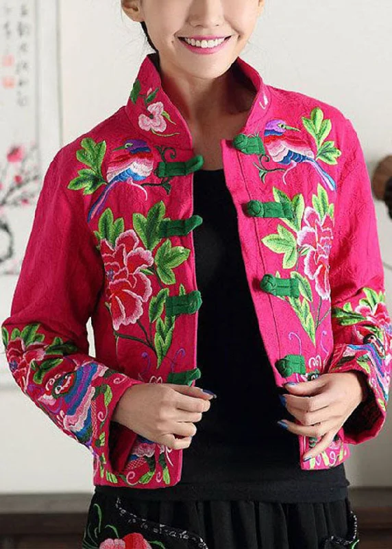 Luxurious fabrics and modern designs for women Rose Cotton Coat Outwear Mandarin Collar Embroideried Fall Luxurious fabrics and modern designs for women Rose Cotton Coat Outwear Mandarin Collar Embroideried Fall